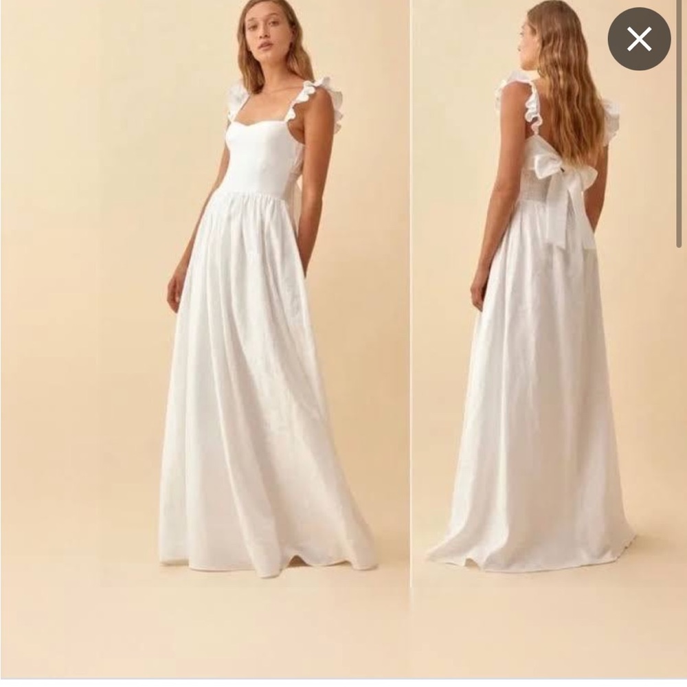 Reformation Vecchio dress white linen ruffle sleeves with bow back size 6